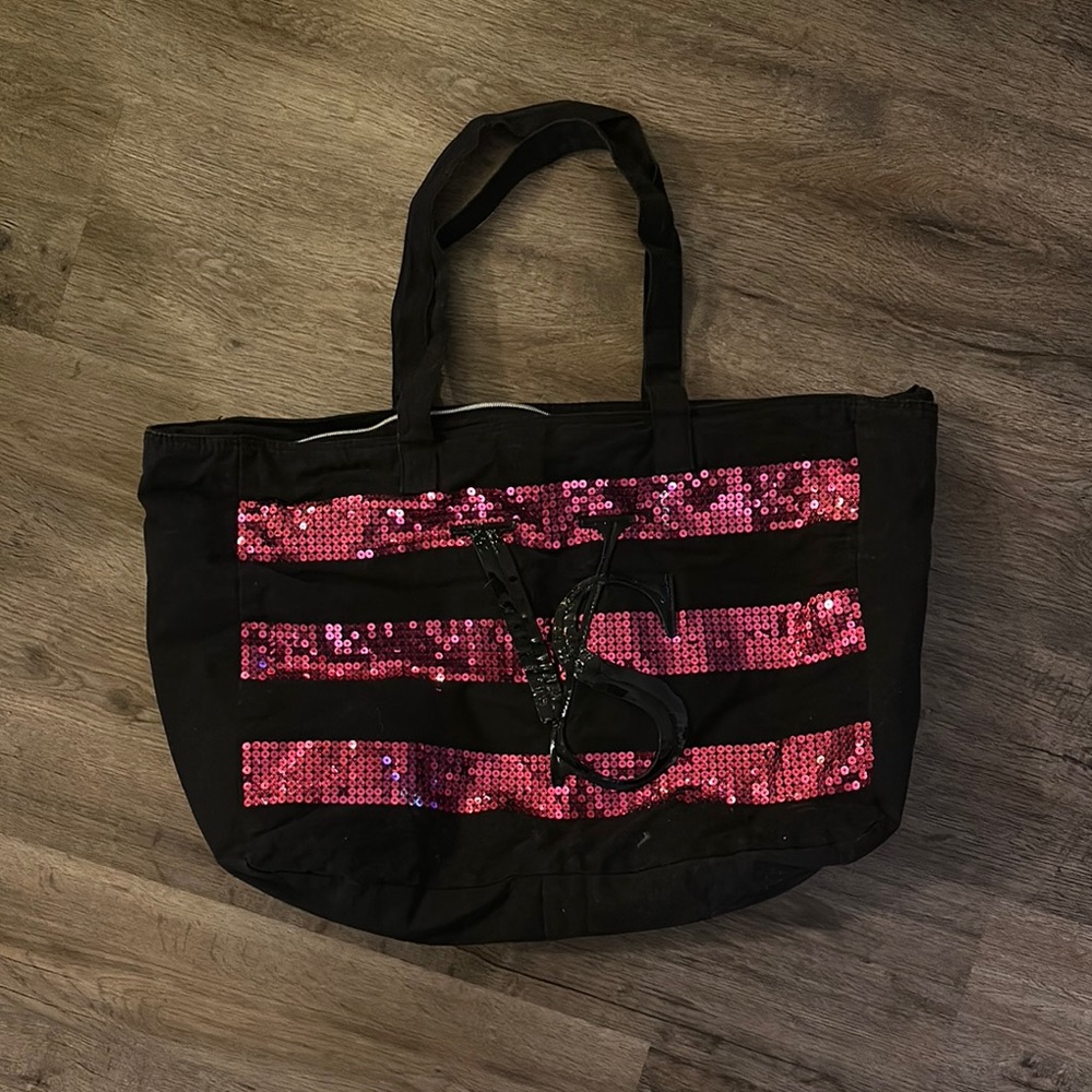 Victoria's Secret Black and Pink Sequin Tote Bag